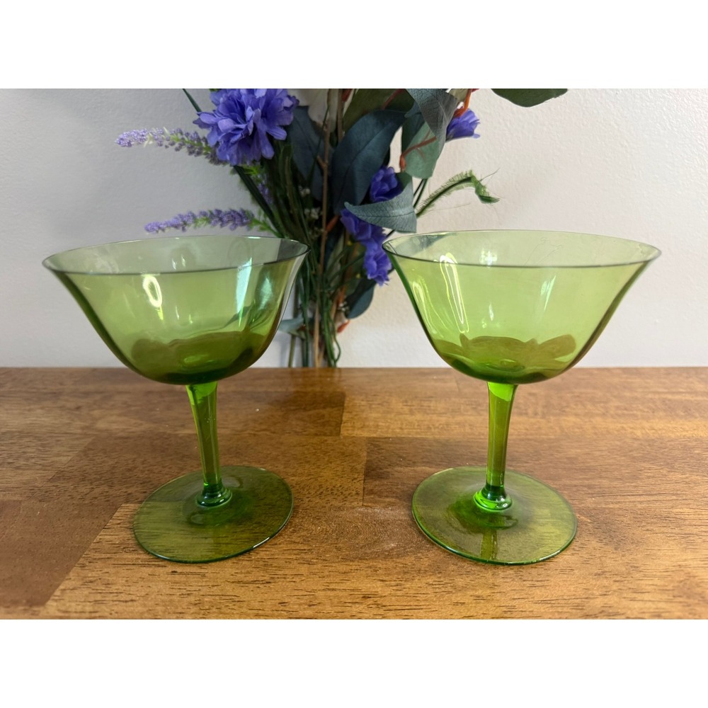 Vintage Green Depression Glass Champagne Coupes Optic Panel Barware Cocktail